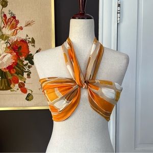 Vintage 70s Oblong Scarf Retro Orange Square Print Wrap Top Groovy Boho 68x14